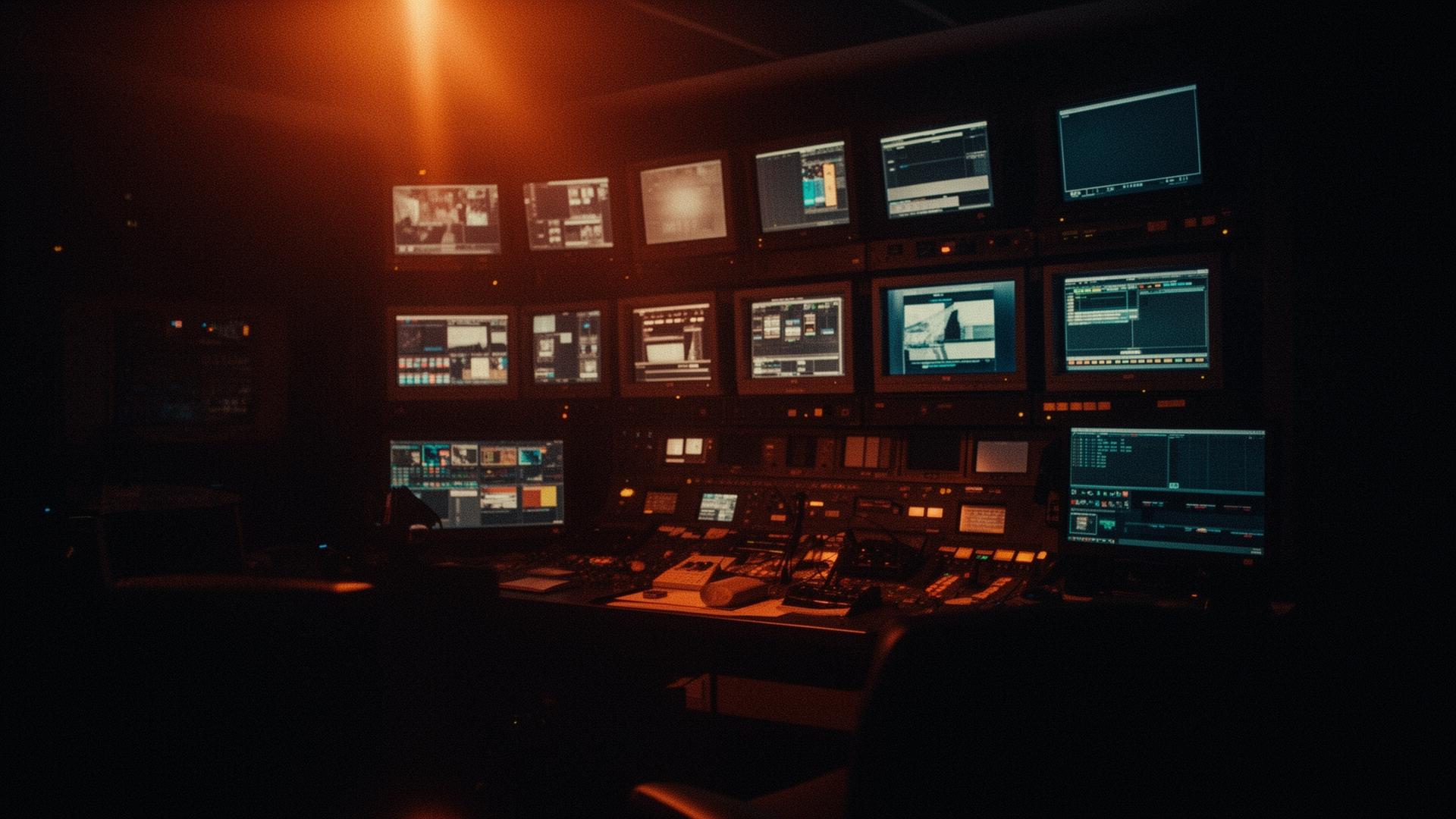 A wall of broadcast monitors glowing in a dark control room